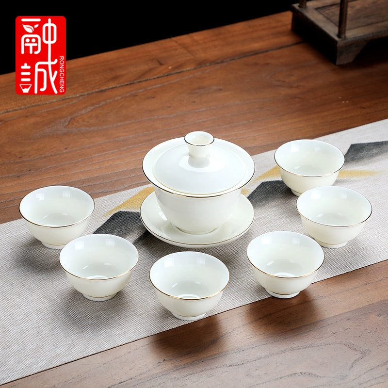 优质德化瓷茶具 - 玉釉陶瓷茶壶配紧凑茶杯，优雅白色陶瓷茶具，适用于家庭、办公室或客厅使用