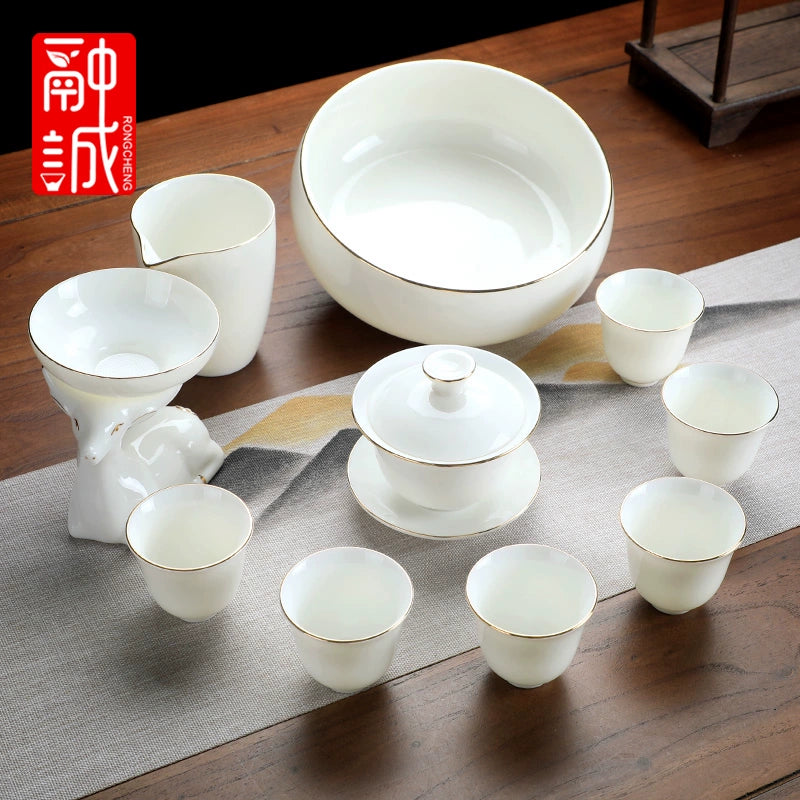 优质德化瓷茶具 - 玉釉陶瓷茶壶配紧凑茶杯，优雅白色陶瓷茶具，适用于家庭、办公室或客厅使用