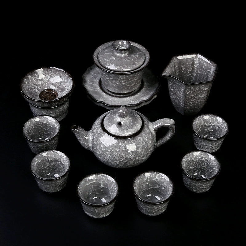 Black Ice Gongfu Tea Set - Premium Ceramic Teacups with Hovering Lid Bowl & Ice Crackle Glaze, Luxury Home & Office Tea Ceremony Accessories