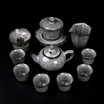 Black Ice Gongfu Tea Set - Premium Ceramic Teacups with Hovering Lid Bowl & Ice Crackle Glaze, Luxury Home & Office Tea Ceremony Accessories