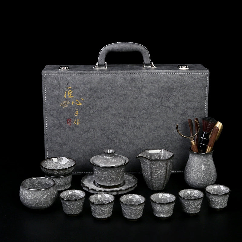 Black Ice Gongfu Tea Set - Premium Ceramic Teacups with Hovering Lid Bowl & Ice Crackle Glaze, Luxury Home & Office Tea Ceremony Accessories