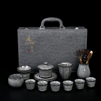Black Ice Gongfu Tea Set - Premium Ceramic Teacups with Hovering Lid Bowl & Ice Crackle Glaze, Luxury Home & Office Tea Ceremony Accessories