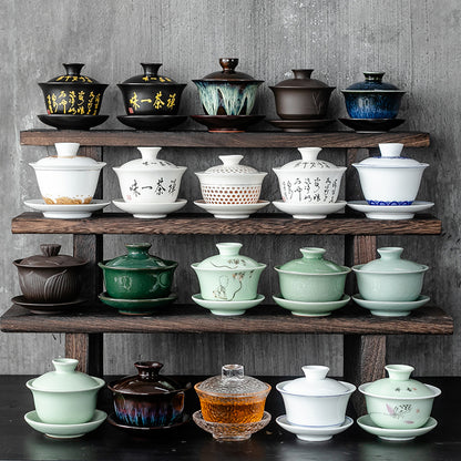Extra-Large Sancai Lidded Tea Bowl - Ceramic Gongfu Tea Set with Dehua Blue-and-White Porcelain Design, White Porcelain Covered Cup for Brewing and Serving