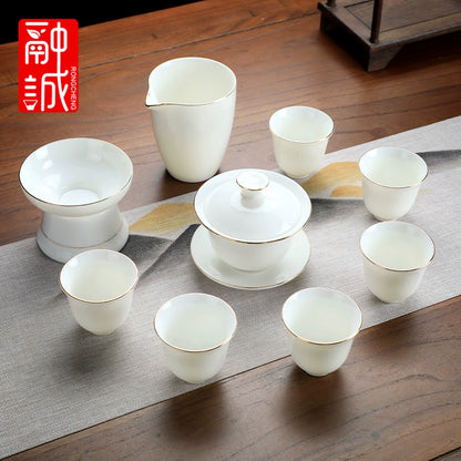 优质德化瓷茶具 - 玉釉陶瓷茶壶配紧凑茶杯，优雅白色陶瓷茶具，适用于家庭、办公室或客厅使用