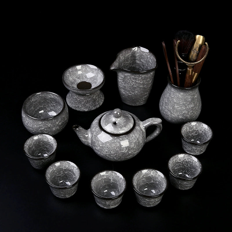 Black Ice Gongfu Tea Set - Premium Ceramic Teacups with Hovering Lid Bowl & Ice Crackle Glaze, Luxury Home & Office Tea Ceremony Accessories