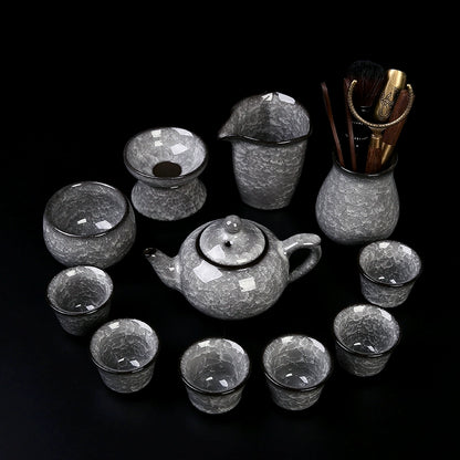 Black Ice Gongfu Tea Set - Premium Ceramic Teacups with Hovering Lid Bowl & Ice Crackle Glaze, Luxury Home & Office Tea Ceremony Accessories