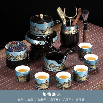 Effortless Tea Set with Heat-Resistant Teapot - Semi-Automatic Ceramic Gongfu Teacups & Stone-Mill Design for Home Brewing, Anti-Scald Tea Maker Kit