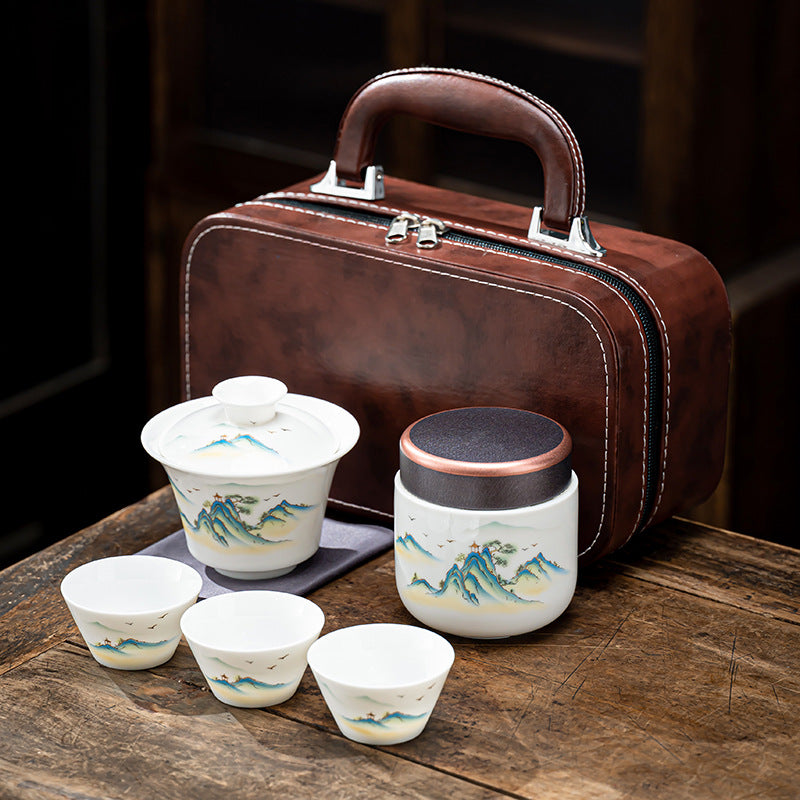 便携式日式旅行茶具 - 户外露营功夫茶套装，带盒紧凑陶瓷杯，节日企业礼品