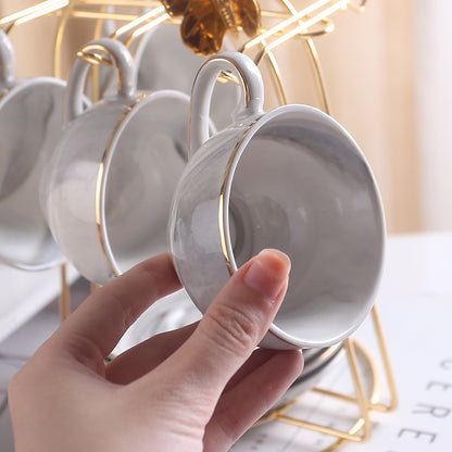 Elegant Pink Marble Ceramic Coffee Cups and Saucers Set with Gold-Tone Stand - Ideal for Tea and Coffee