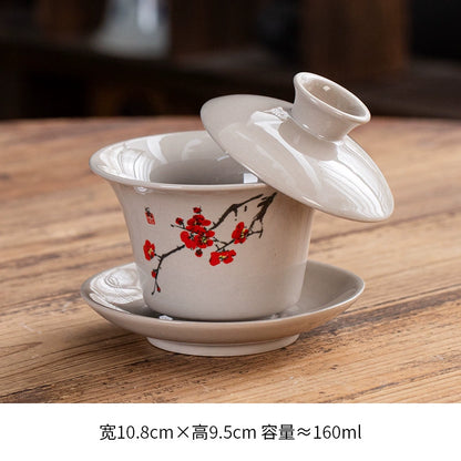 Extra-Large Sancai Lidded Tea Bowl - Ceramic Gongfu Tea Set with Dehua Blue-and-White Porcelain Design, White Porcelain Covered Cup for Brewing and Serving