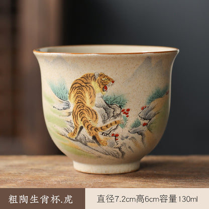 中国生肖陶瓷茶具 - 12件手绘动物茶杯与功夫茶，复古风格收藏茶具，适合家庭冲泡和亚洲文化爱好者