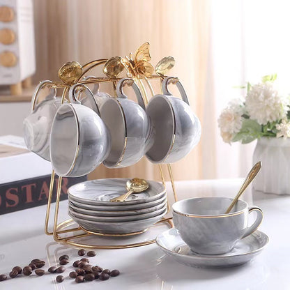 Elegant Pink Marble Ceramic Coffee Cups and Saucers Set with Gold-Tone Stand - Ideal for Tea and Coffee