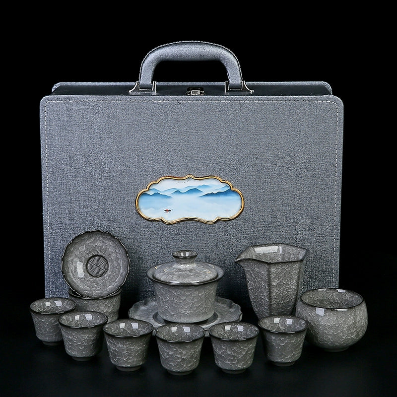 Black Ice Gongfu Tea Set - Premium Ceramic Teacups with Hovering Lid Bowl & Ice Crackle Glaze, Luxury Home & Office Tea Ceremony Accessories