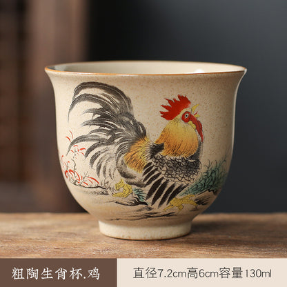 中国生肖陶瓷茶具 - 12件手绘动物茶杯与功夫茶，复古风格收藏茶具，适合家庭冲泡和亚洲文化爱好者