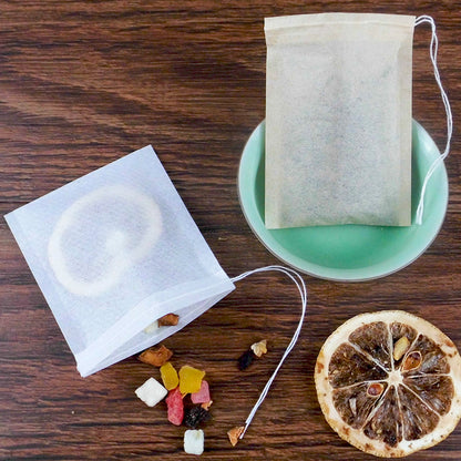Disposable Eco-Friendly Paper Tea Bags - 100 Pack Drawstring Filter Pouches for Loose Tea, Coffee, Herbs, or Soup Spices (Single-Use, Food-Grade)