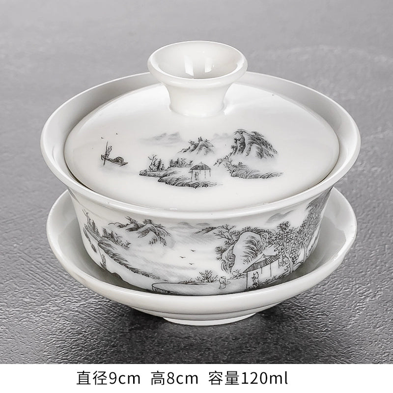 Extra-Large Sancai Lidded Tea Bowl - Ceramic Gongfu Tea Set with Dehua Blue-and-White Porcelain Design, White Porcelain Covered Cup for Brewing and Serving