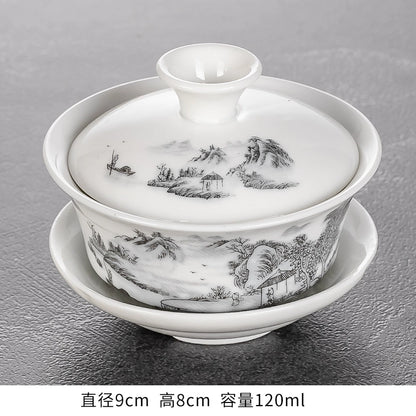 Extra-Large Sancai Lidded Tea Bowl - Ceramic Gongfu Tea Set with Dehua Blue-and-White Porcelain Design, White Porcelain Covered Cup for Brewing and Serving