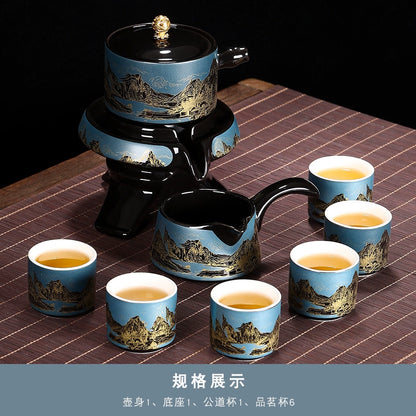 Effortless Tea Set with Heat-Resistant Teapot - Semi-Automatic Ceramic Gongfu Teacups & Stone-Mill Design for Home Brewing, Anti-Scald Tea Maker Kit