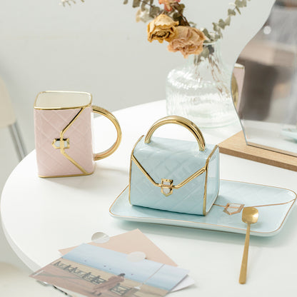 Handbag-Inspired Porcelain Tea Cup & Saucer Set - European Luxury Coffee Cups for Afternoon Tea, Vintage British Style Ceramic Mugs with Gold Trim, Elegant Tea Party Serving Set