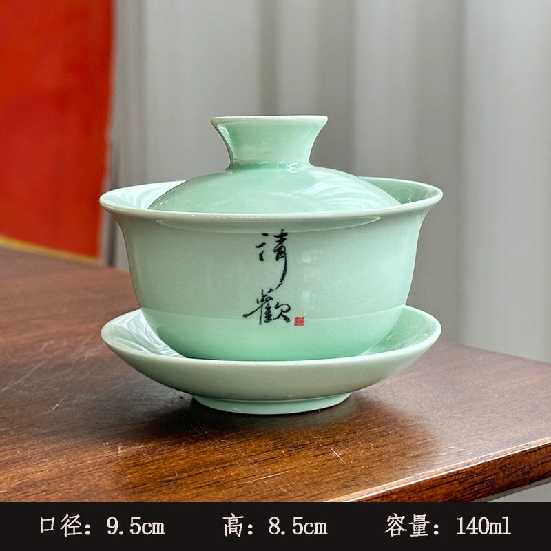 Extra-Large Sancai Lidded Tea Bowl - Ceramic Gongfu Tea Set with Dehua Blue-and-White Porcelain Design, White Porcelain Covered Cup for Brewing and Serving