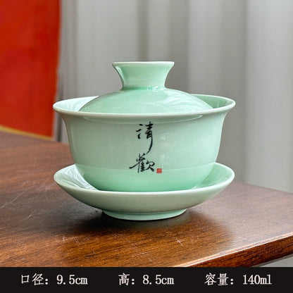 Extra-Large Sancai Lidded Tea Bowl - Ceramic Gongfu Tea Set with Dehua Blue-and-White Porcelain Design, White Porcelain Covered Cup for Brewing and Serving