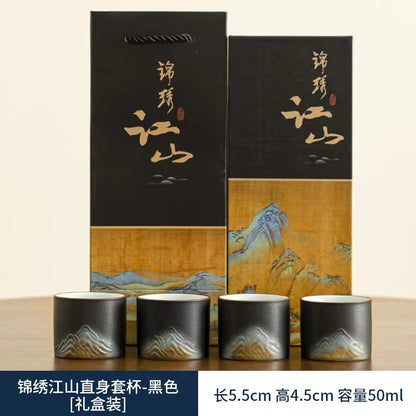 四季风景陶瓷茶具礼盒 - 传统中国手绘茶杯，适合家庭、办公室或节日文化礼品