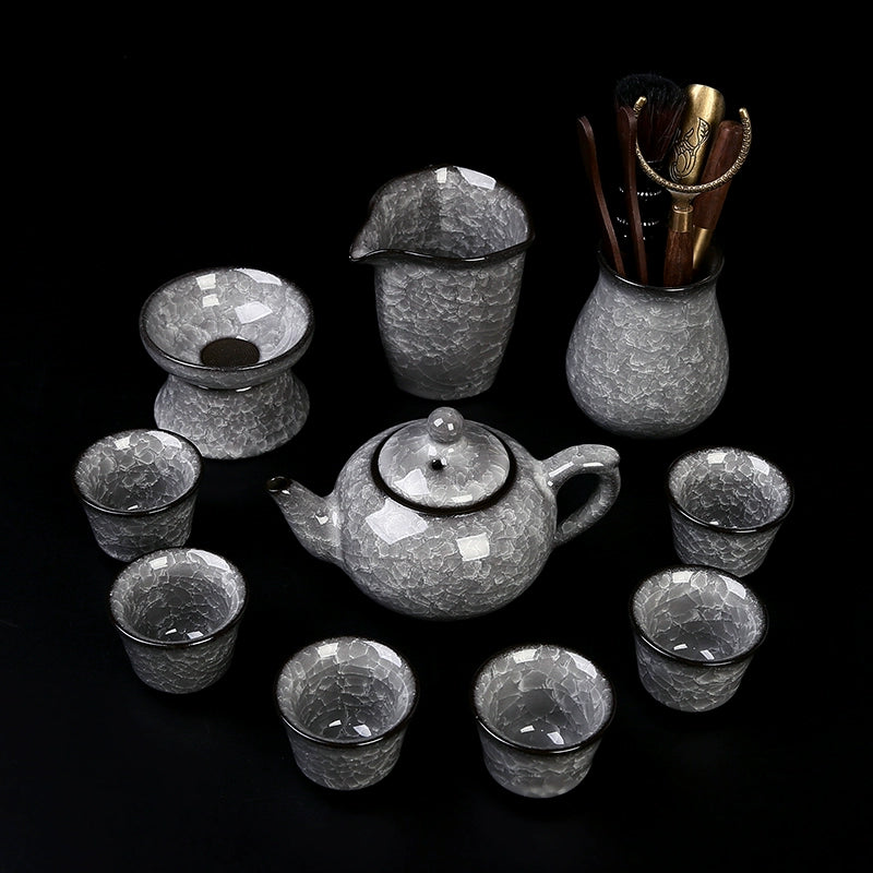 Black Ice Gongfu Tea Set - Premium Ceramic Teacups with Hovering Lid Bowl & Ice Crackle Glaze, Luxury Home & Office Tea Ceremony Accessories