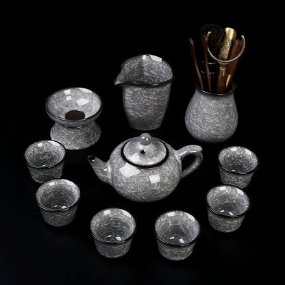 Black Ice Gongfu Tea Set - Premium Ceramic Teacups with Hovering Lid Bowl & Ice Crackle Glaze, Luxury Home & Office Tea Ceremony Accessories