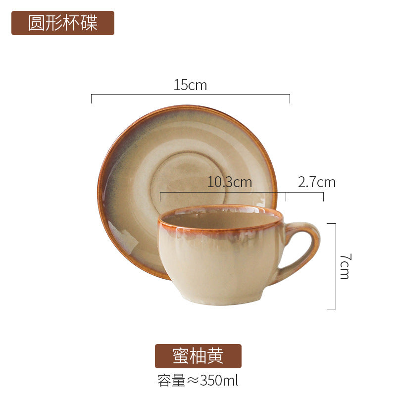 American Vintage-Style Ceramic Coffee Cup & Saucer Set – Rustic Glazed Tea Set with Oxidation Firing Finish