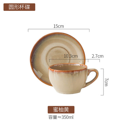 American Vintage-Style Ceramic Coffee Cup & Saucer Set – Rustic Glazed Tea Set with Oxidation Firing Finish