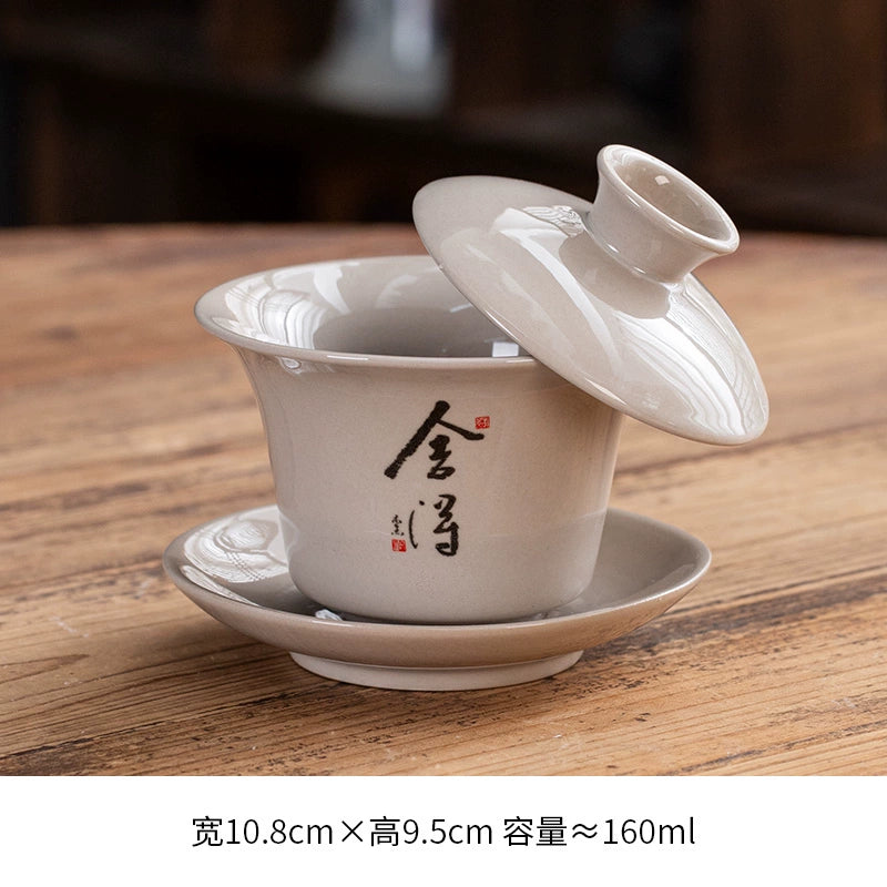 Extra-Large Sancai Lidded Tea Bowl - Ceramic Gongfu Tea Set with Dehua Blue-and-White Porcelain Design, White Porcelain Covered Cup for Brewing and Serving