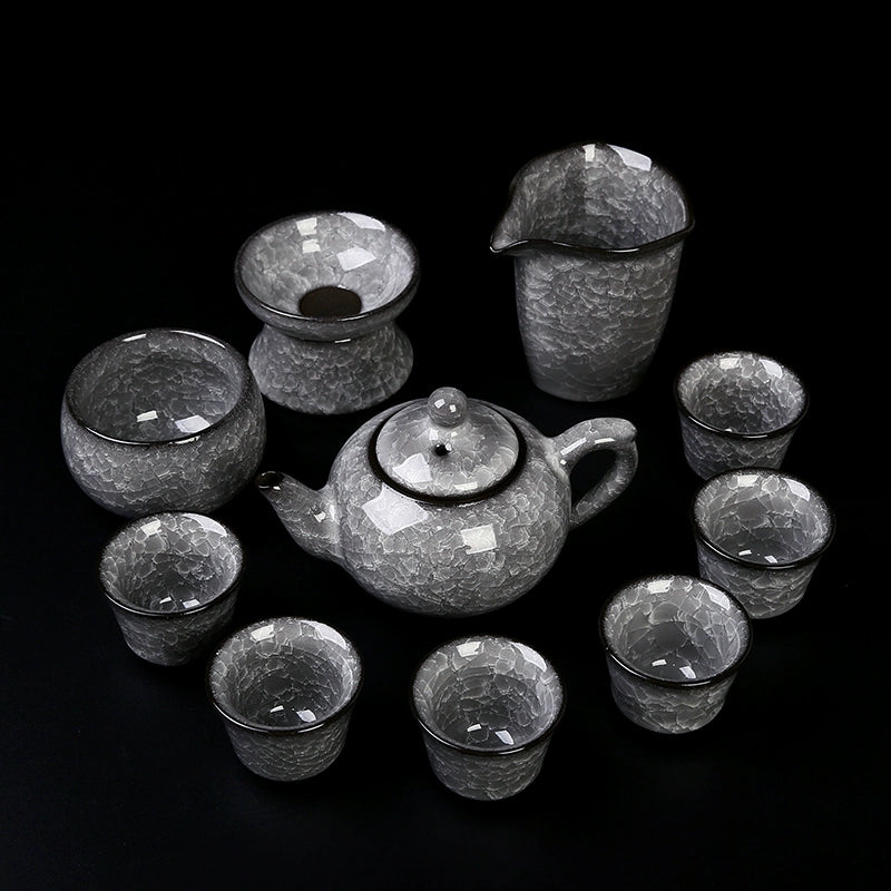 Black Ice Gongfu Tea Set - Premium Ceramic Teacups with Hovering Lid Bowl & Ice Crackle Glaze, Luxury Home & Office Tea Ceremony Accessories