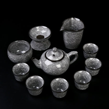 Black Ice Gongfu Tea Set - Premium Ceramic Teacups with Hovering Lid Bowl & Ice Crackle Glaze, Luxury Home & Office Tea Ceremony Accessories