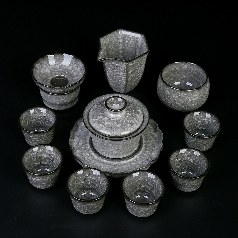 Black Ice Gongfu Tea Set - Premium Ceramic Teacups with Hovering Lid Bowl & Ice Crackle Glaze, Luxury Home & Office Tea Ceremony Accessories