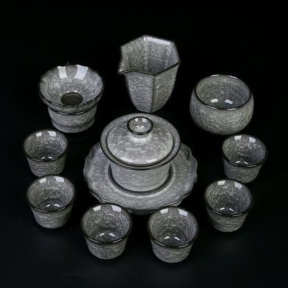 Black Ice Gongfu Tea Set - Premium Ceramic Teacups with Hovering Lid Bowl & Ice Crackle Glaze, Luxury Home & Office Tea Ceremony Accessories