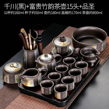 宜兴紫砂茶具 - 豪华自动茶壶配功夫茶杯，轻松冲泡家庭仪式，优质紫砂陶瓷配件