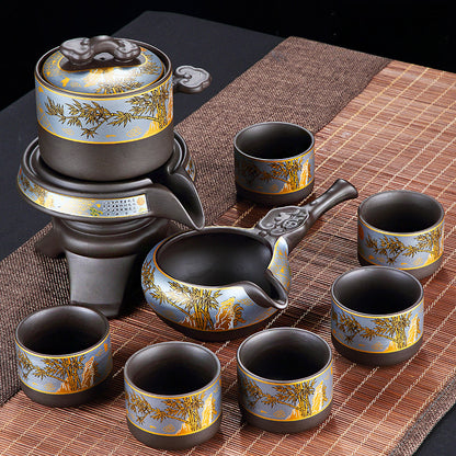 宜兴紫砂茶具 - 豪华自动茶壶配功夫茶杯，轻松冲泡家庭仪式，优质紫砂陶瓷配件